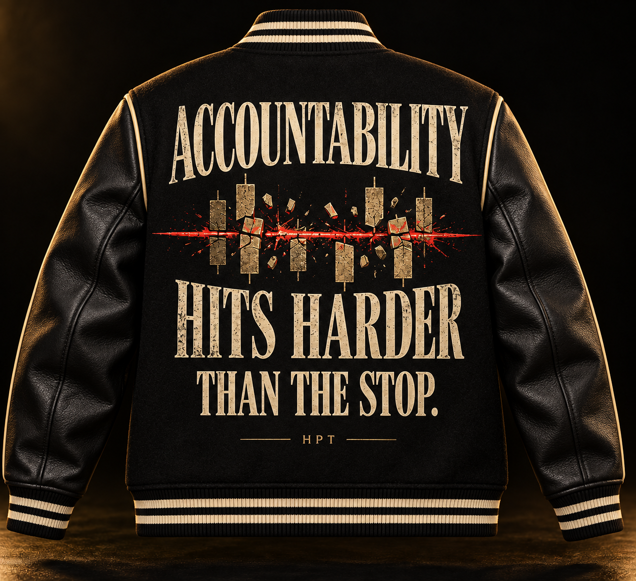 Black wool and leather HPT Accountability varsity letterman jacket