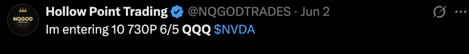 Actual X screenshot from verified Hollow Point Trading account showing the 6/5 QQQ 730 put entry
