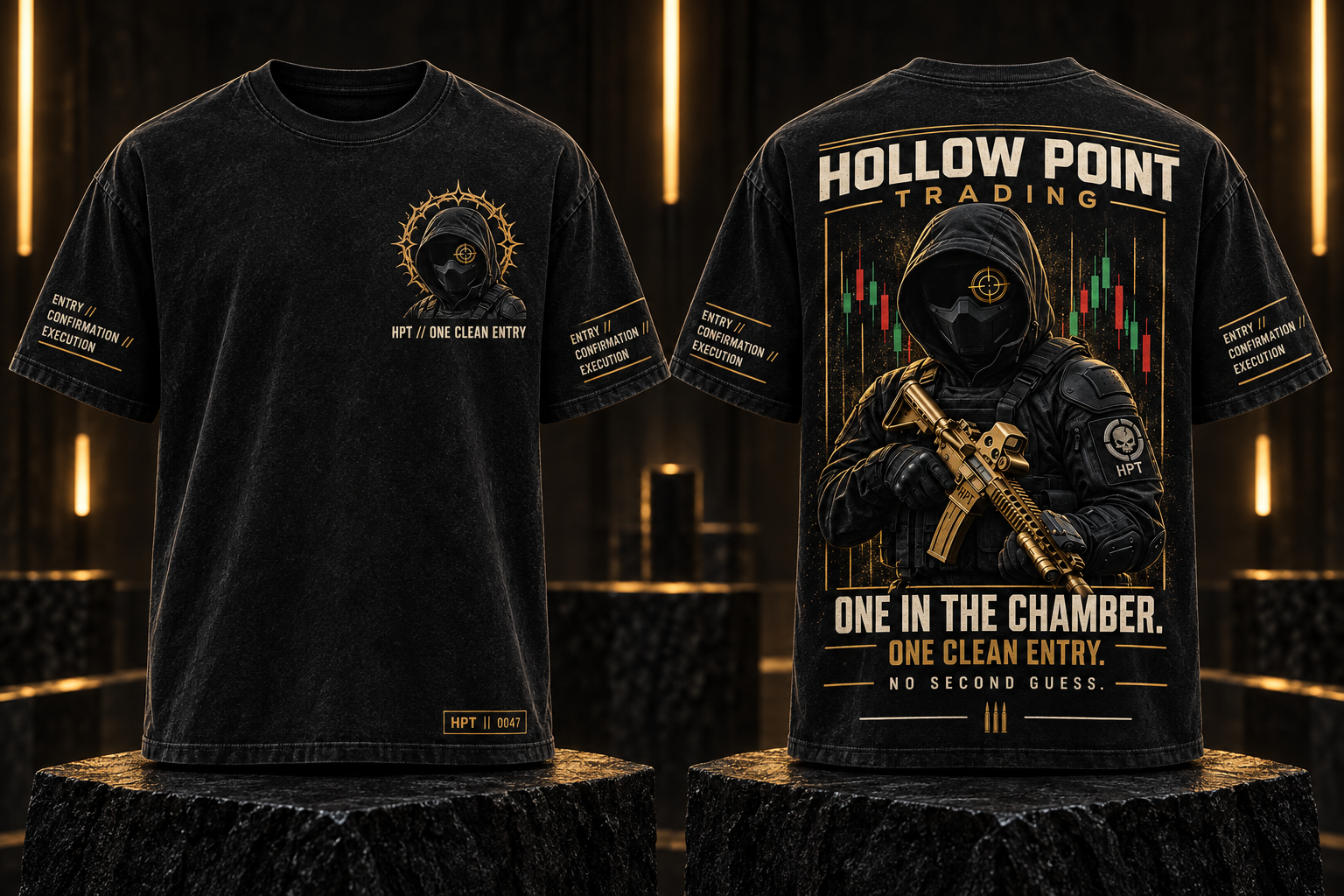 Front and back black HPT masked-operator One in the Chamber tee mockup