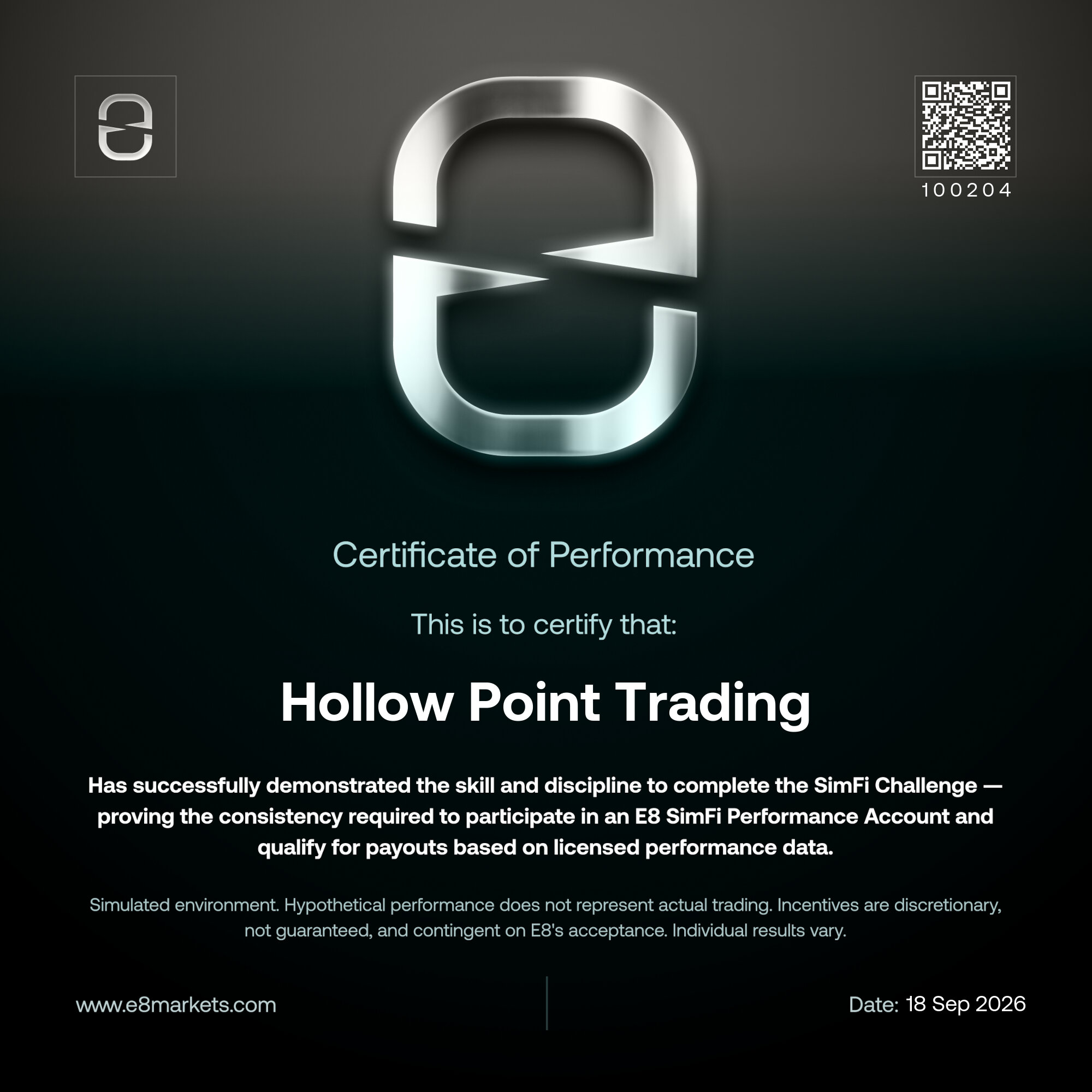 Original E8 certificate 100204 issued to Hollow Point Trading
