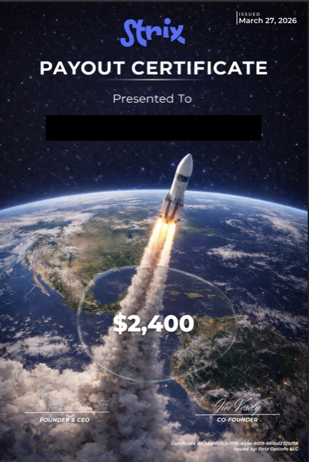 Strix Options individual payout certificate for $2,400